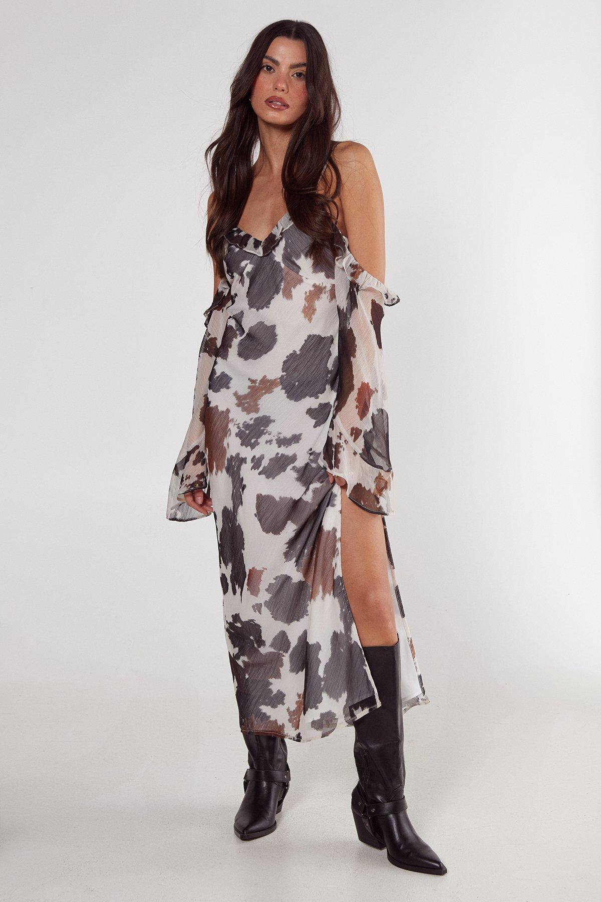 NastyGal Brown Cow Chiffon Cold Shoulder Bias Cut Split Maxi Dress - Main Image