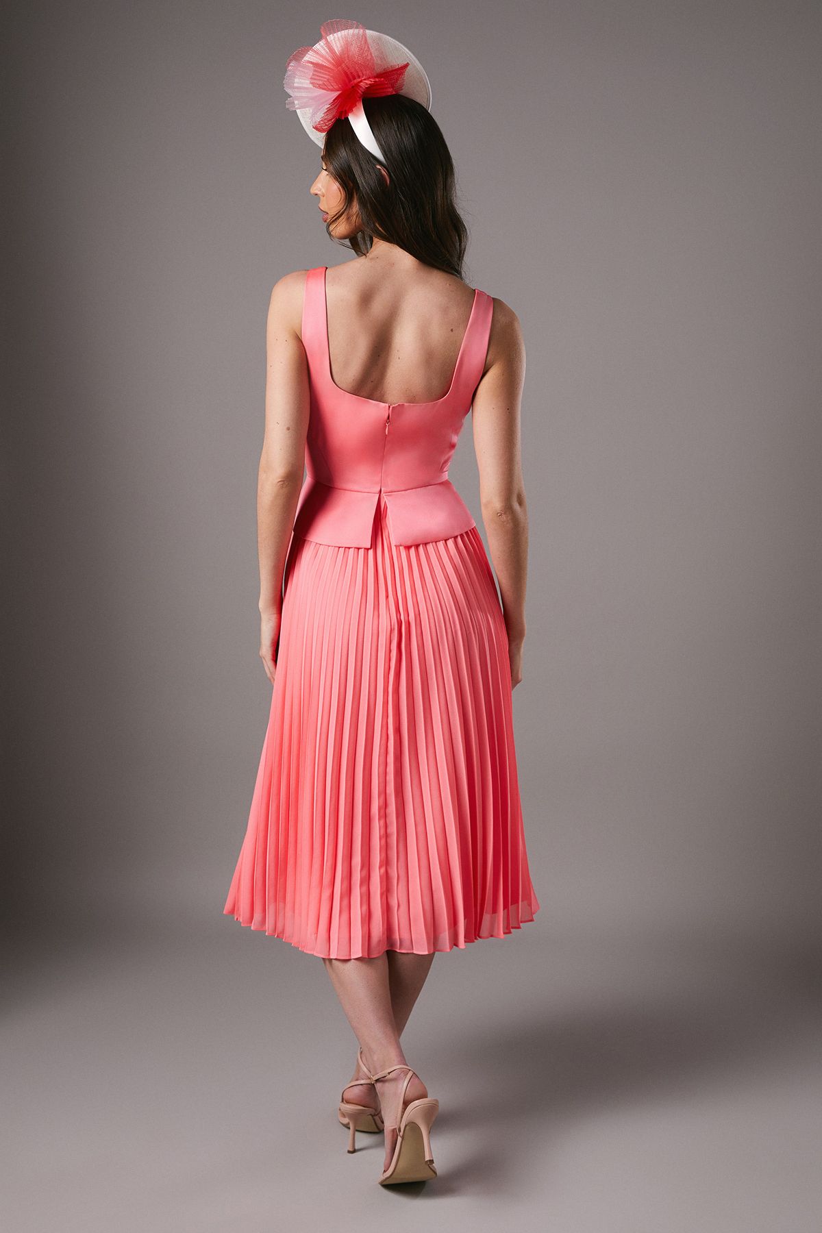 Coast Lisa Tan Peplum Cross Detail Pleated Midi Dress Coral image 3