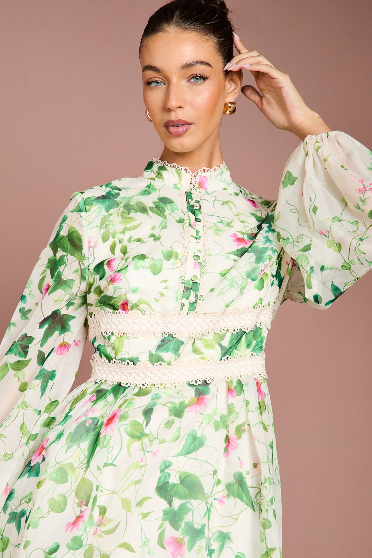 Coast Long Sleeve Placement Print Organza Midi Dress Ivory image 2