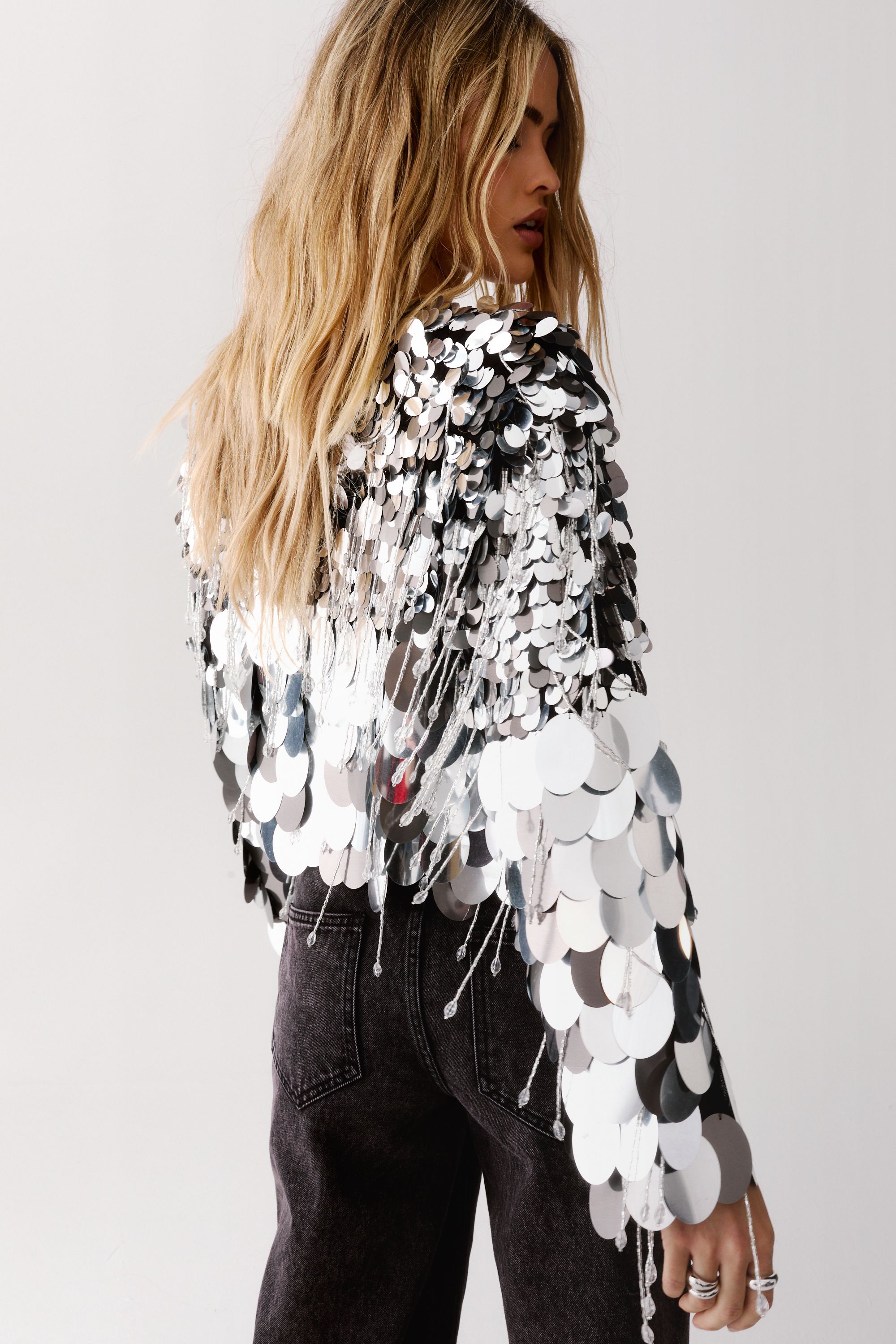 NastyGal Disc Sequin Tassel Jacket Silver image 4