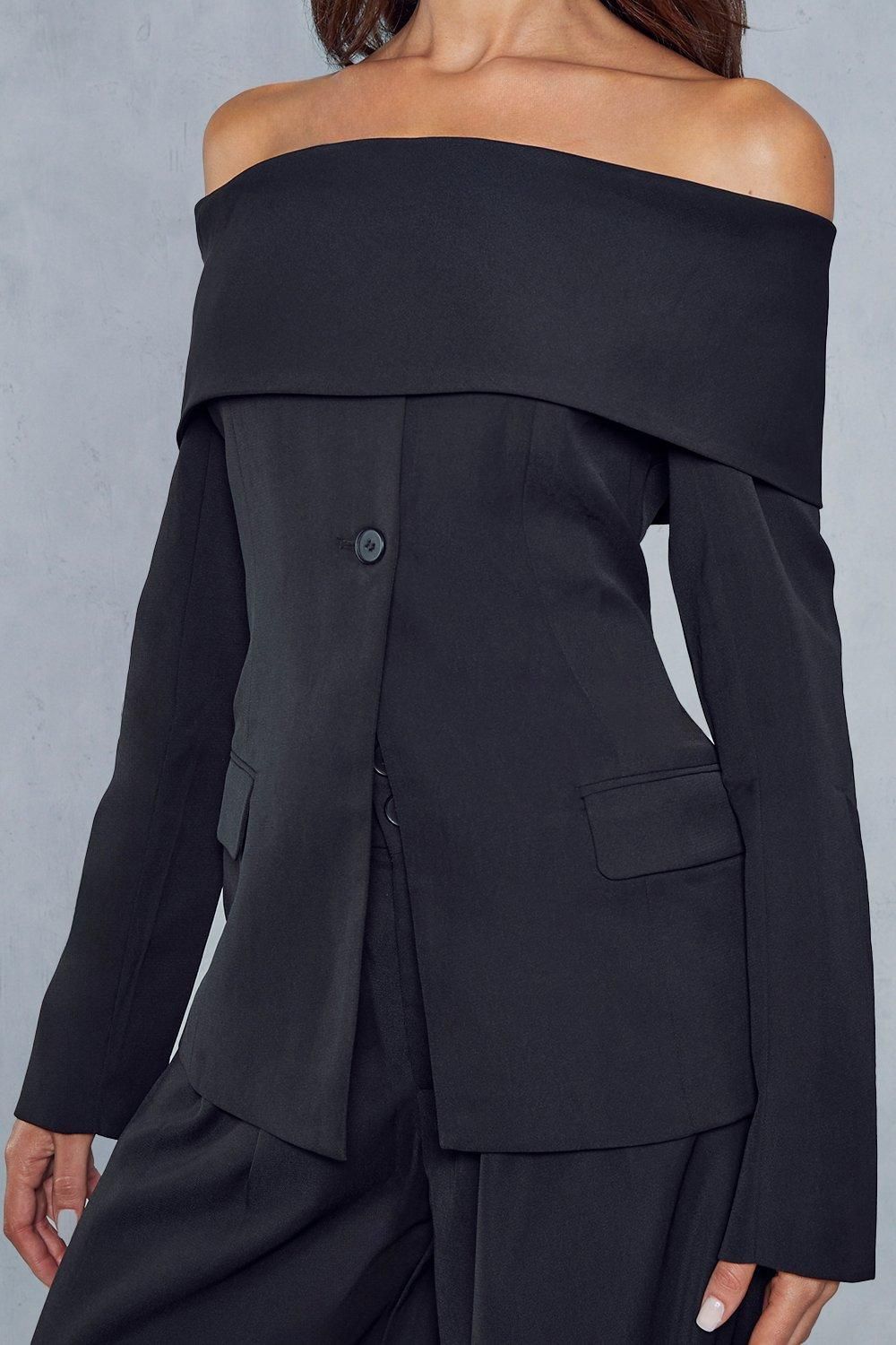 MissPap Tailored Bardot Fitted Blazer Top Black image 2