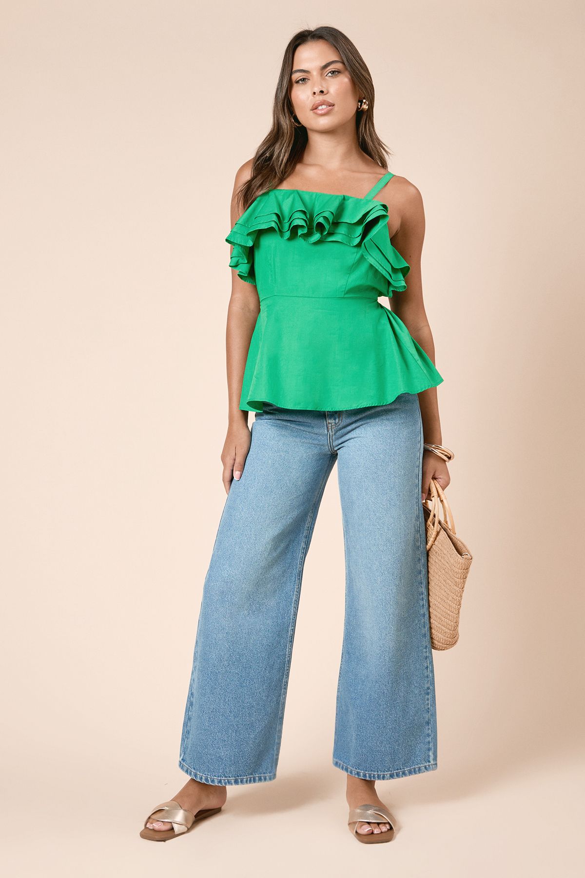 Dorothy Perkins Tiered Frill Neckline Peplum Top Green image 2