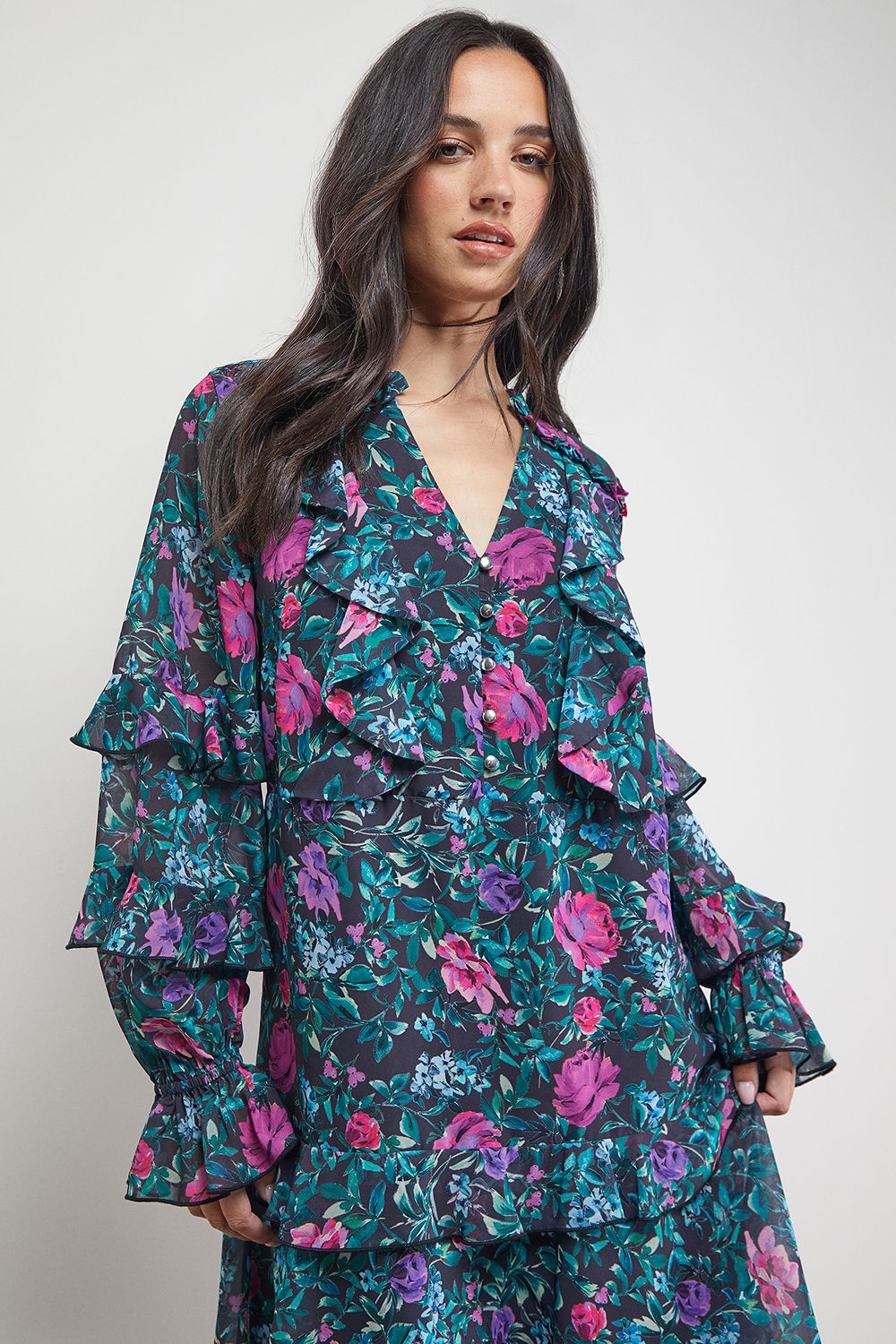 Oasis Printed Boho Ruffle Button Down Mini Dress Black image 1