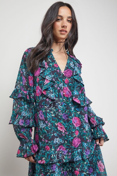 Oasis Printed Boho Ruffle Button Down Mini Dress Black