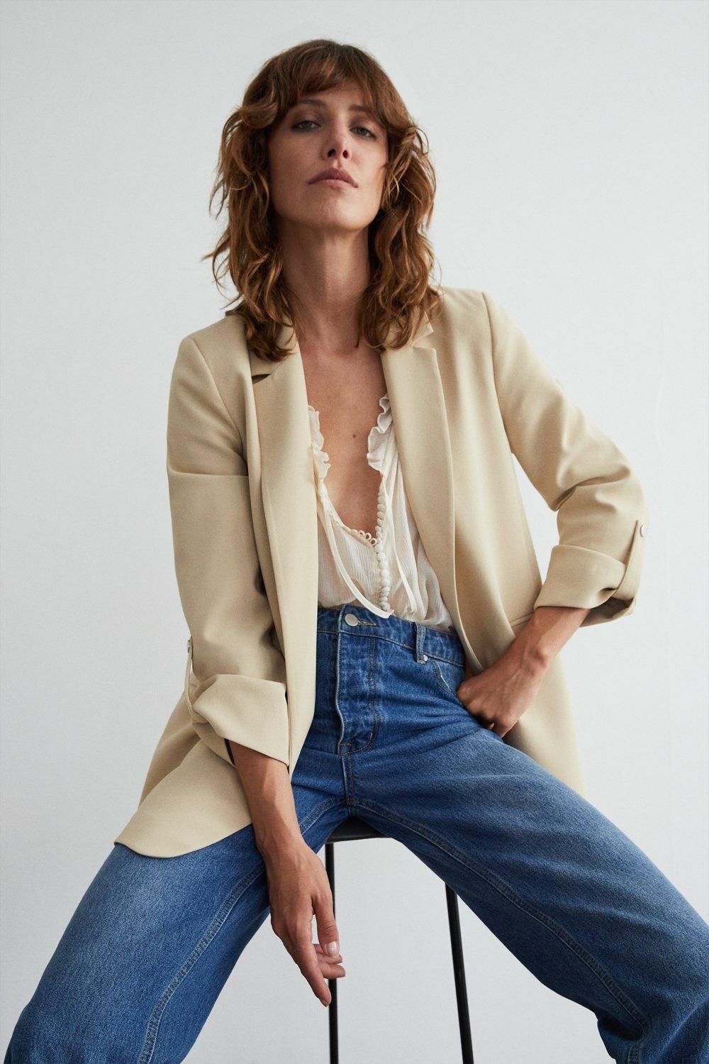 Warehouse Relaxed Roll Sleeve Edge To Edge Blazer Neutral image 2