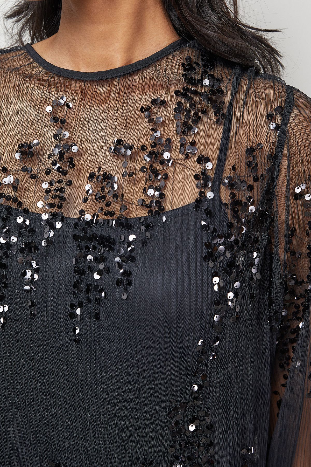 Warehouse Sequin Sheer Crinkle Column Midi Dress Black image 5