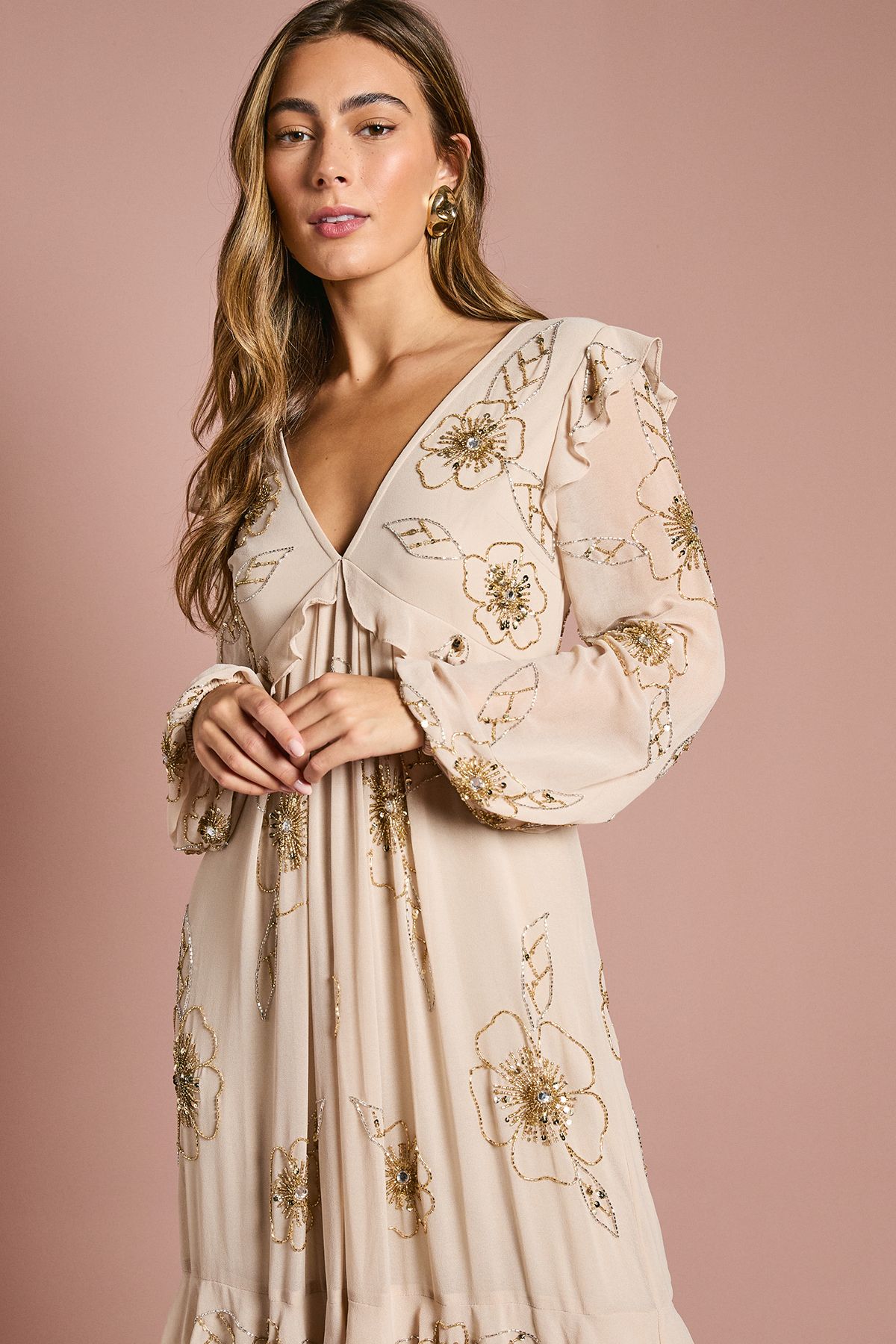 Coast V Neck Embellished Flower Tiered Georgette Midi Dress Ivory image 2