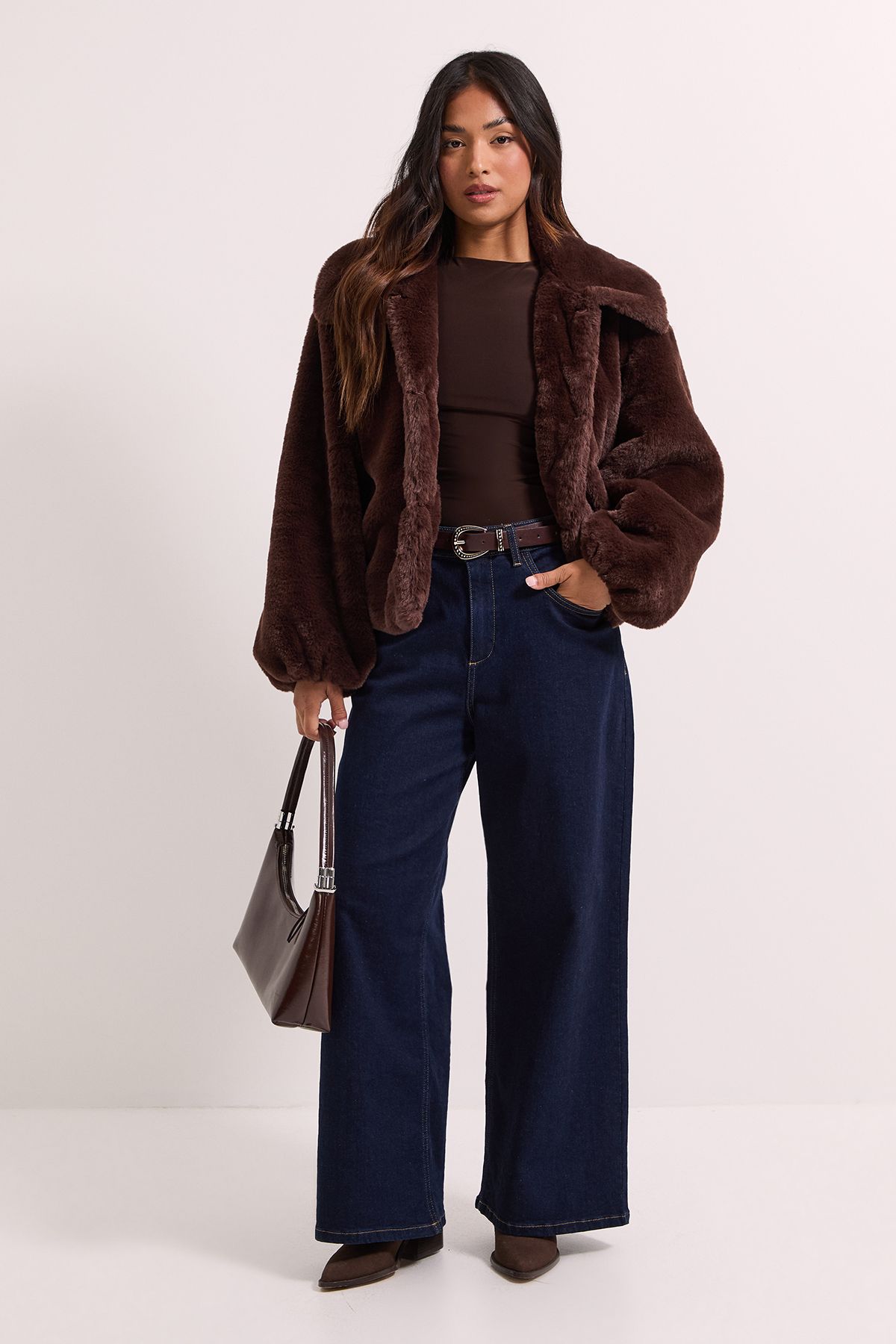 Dorothy Perkins Petite Faux Fur Coat Chocolate image 1