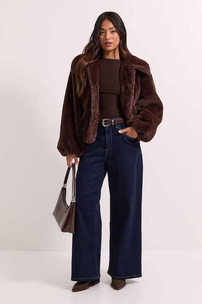 Dorothy Perkins Petite Faux Fur Coat Chocolate