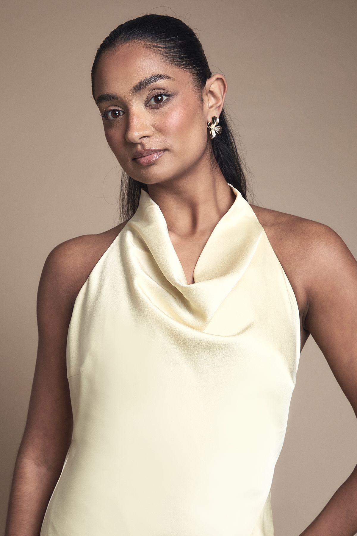 Oasis Oasis by Coast Cowl Halterneck Satin Maxi Bridesmaid Dress Lemon image 4