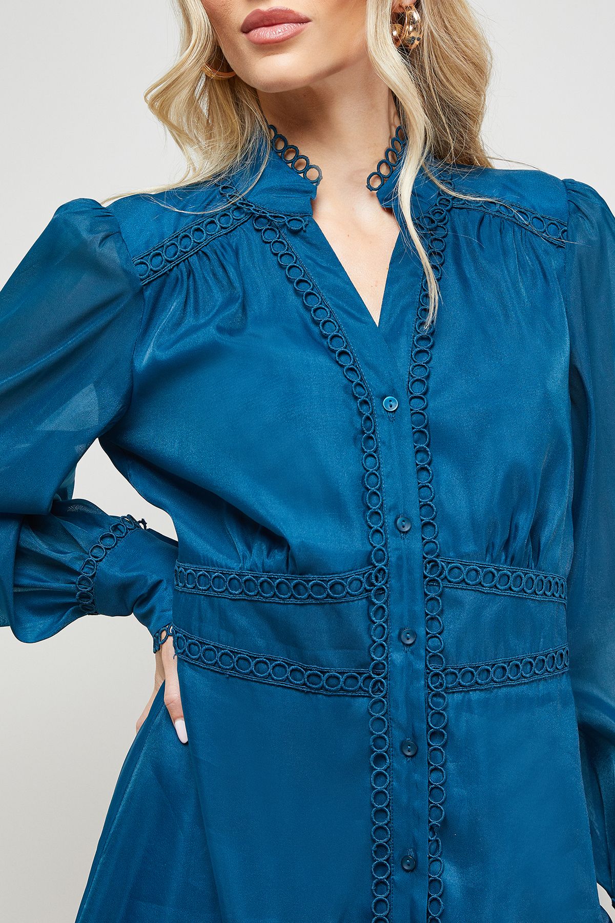 Oasis Organza Lace Trim Shirt Mini Dress Teal image 4