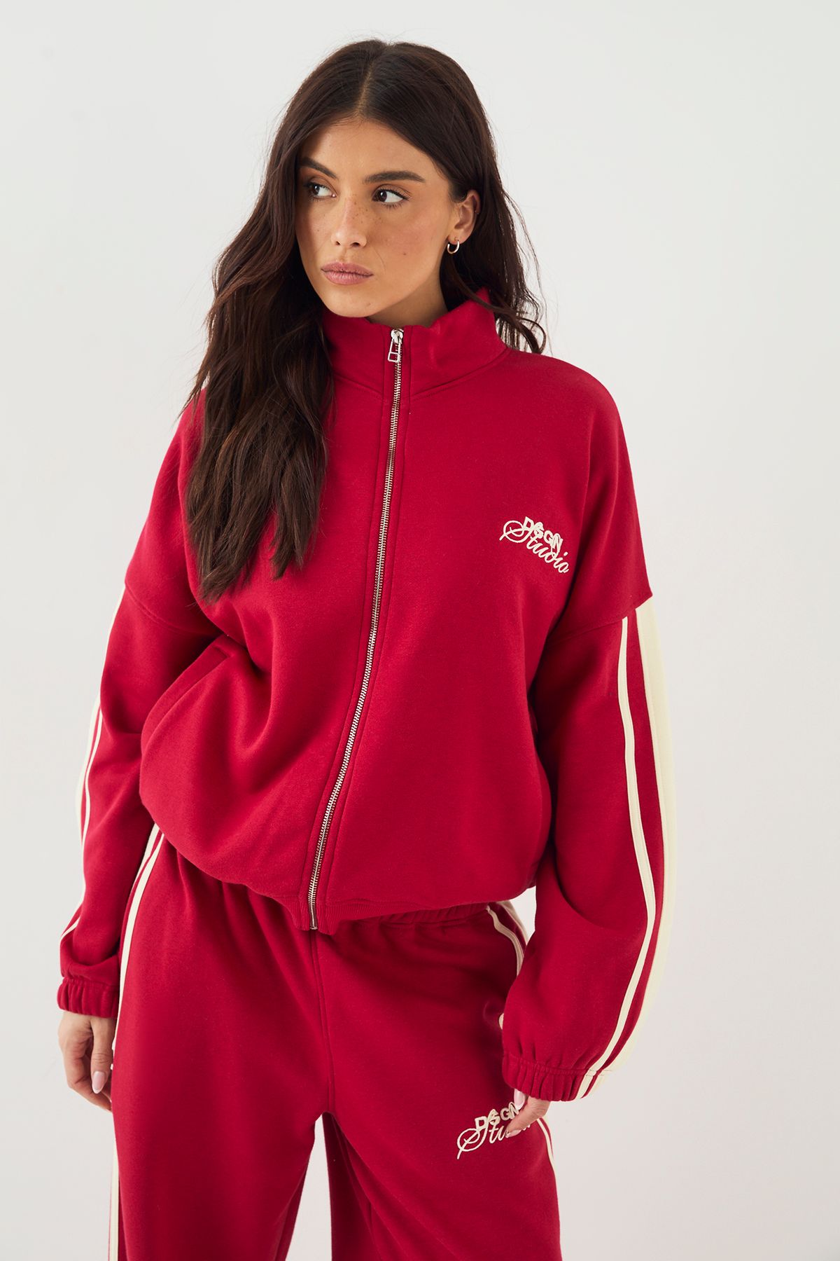 DSGN Studio DSGN Studio Side Stripe Funnel Neck Oversized Bomber Sweatshirt Red image 1