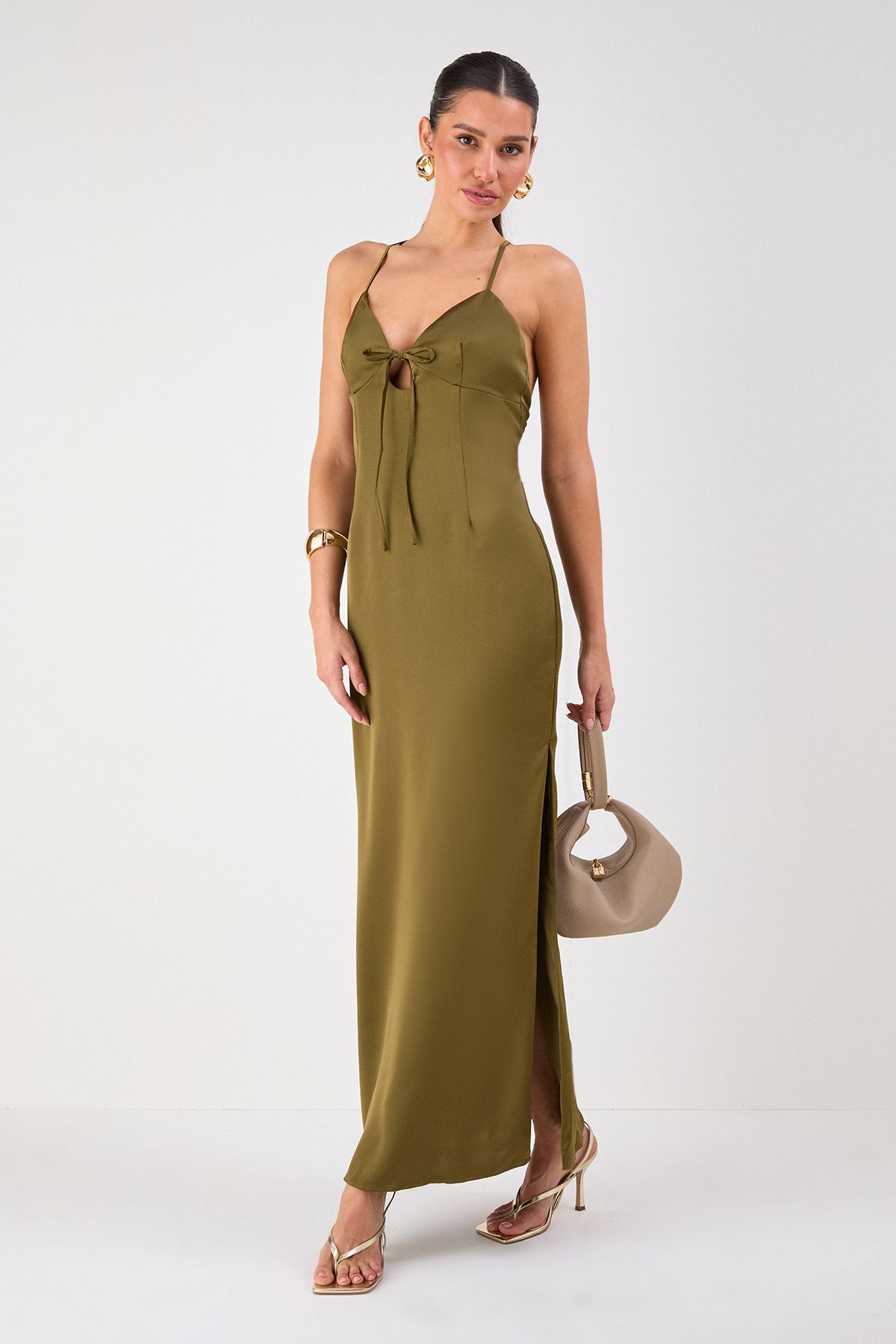 MissPap Tie Detail Strappy Satin Maxi Dress Olive image 1