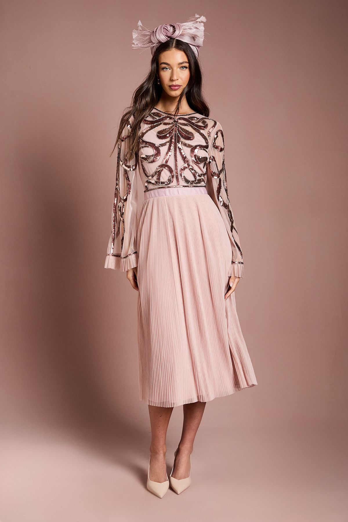 Coast Lisa Tan Bow Embellished Long Sleeve Midi Dress Antique Rose