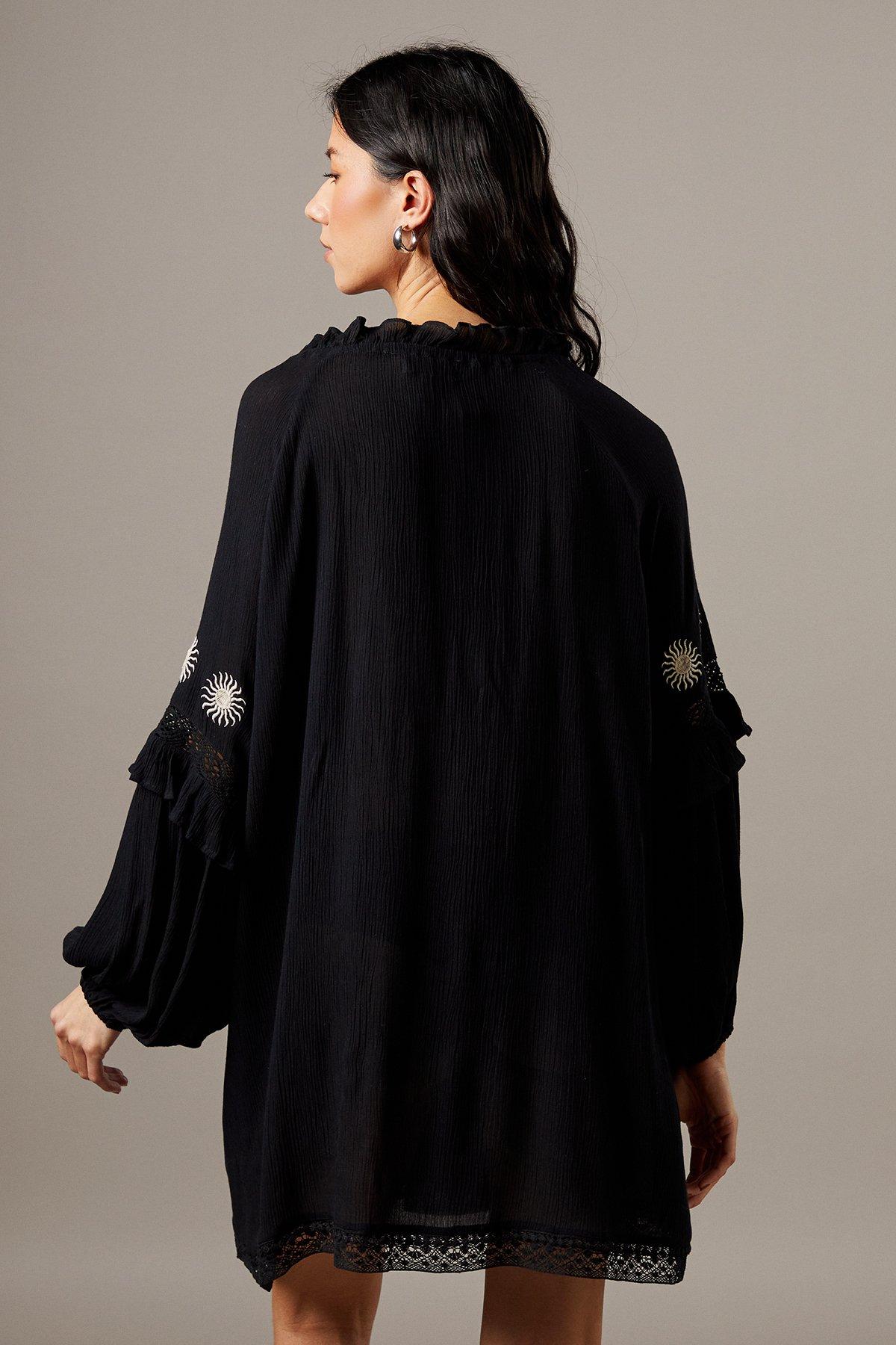 Warehouse Cheesecloth Embroidered Trim Insert Mini Dress Black image 3