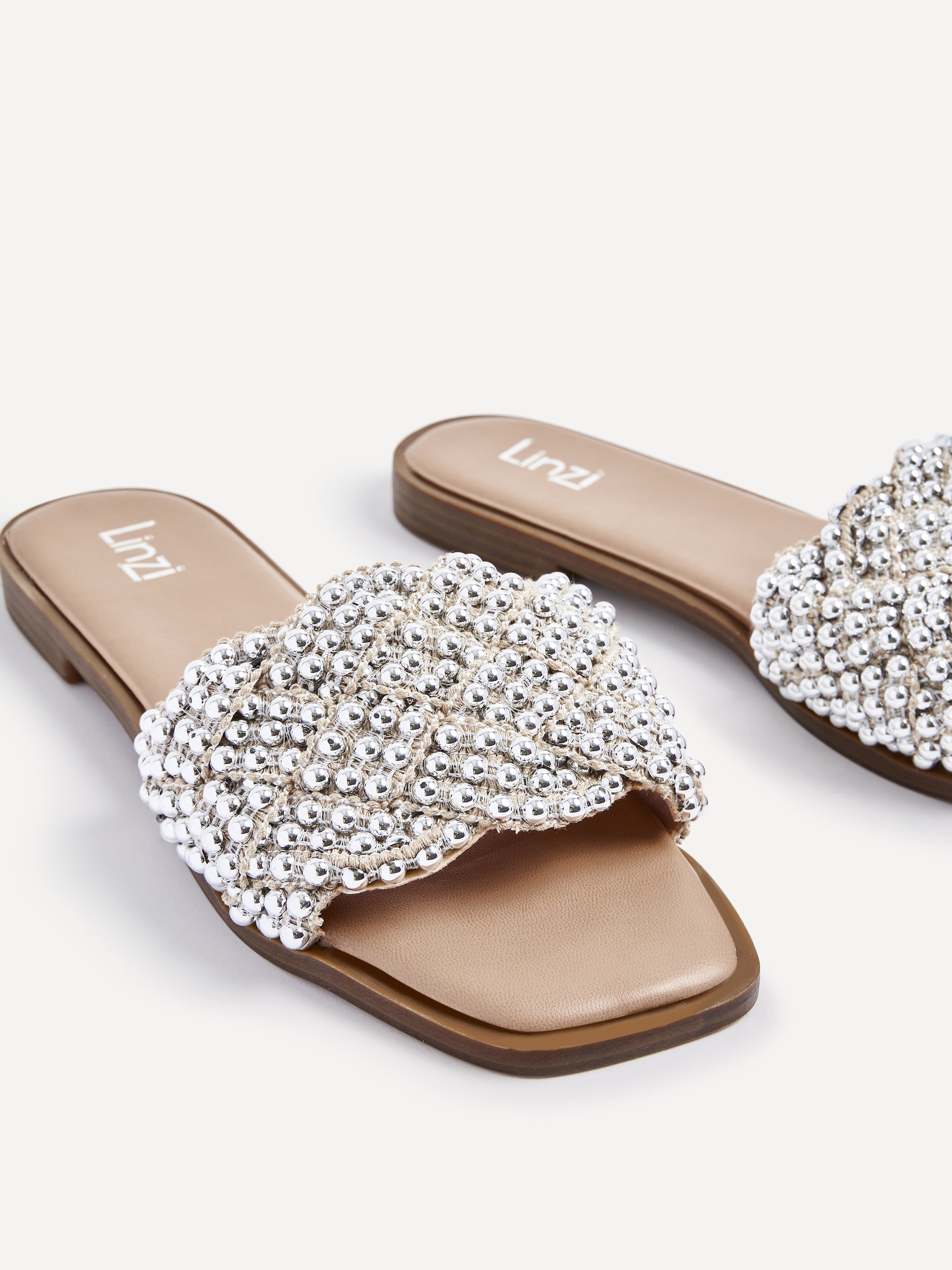 Linzi Lanette Nude Faux Leather Plaited & Beaded Flat Sandals image 4