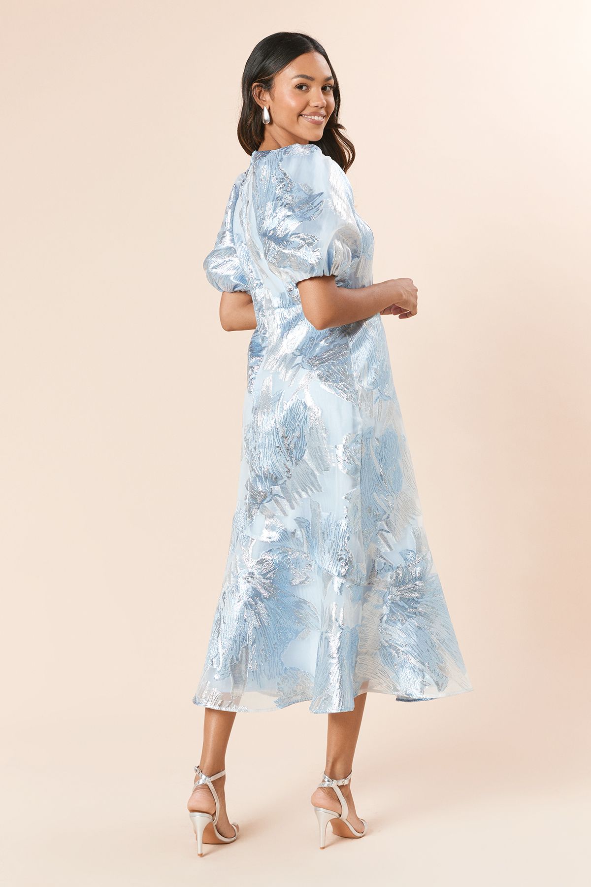 Dorothy Perkins DP Luxe Metallic Jacquard Puff Sleeve Maxi Dress Blue image 4