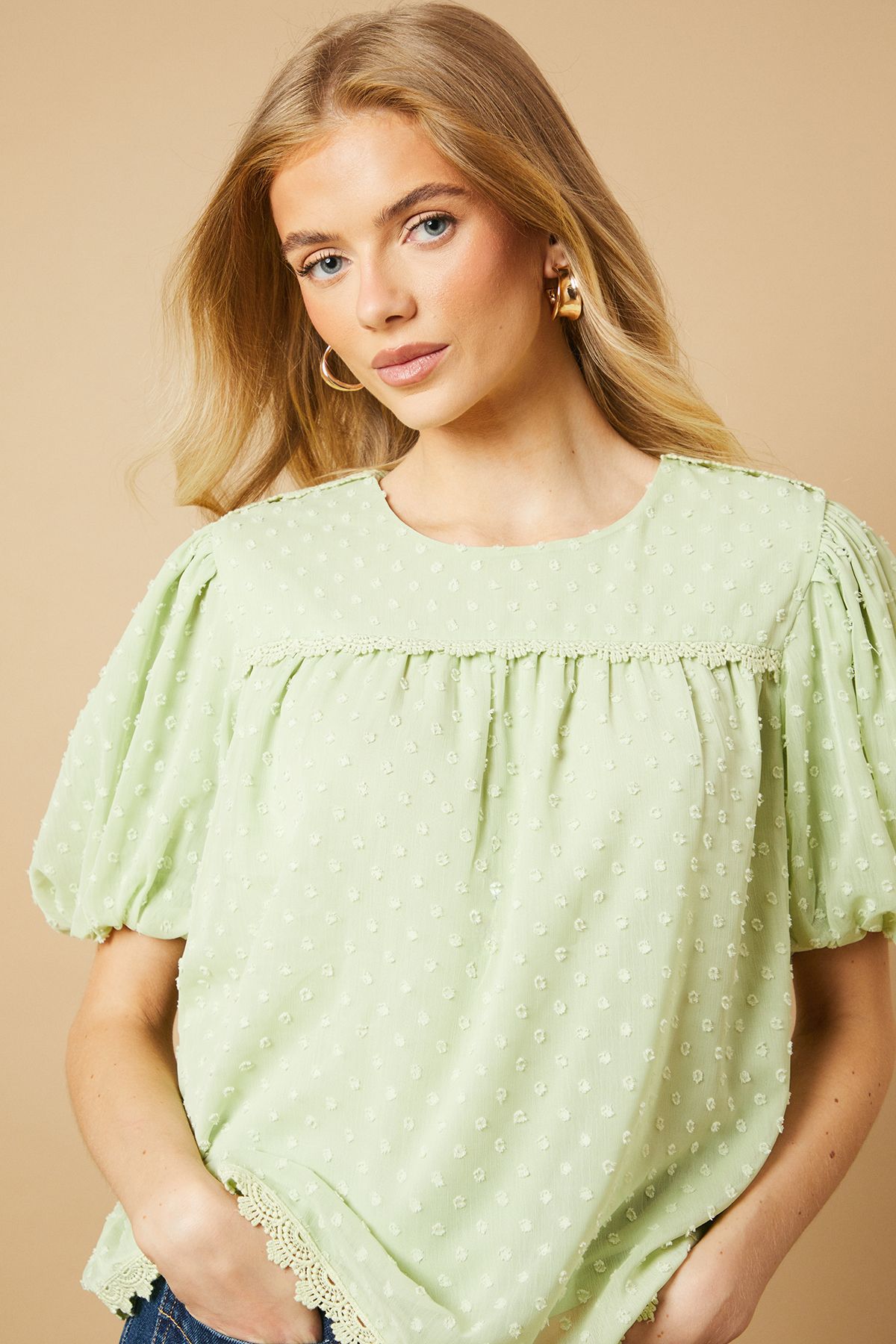 Oasis Lace Trim Puff Sleeve Blouse Green image 3