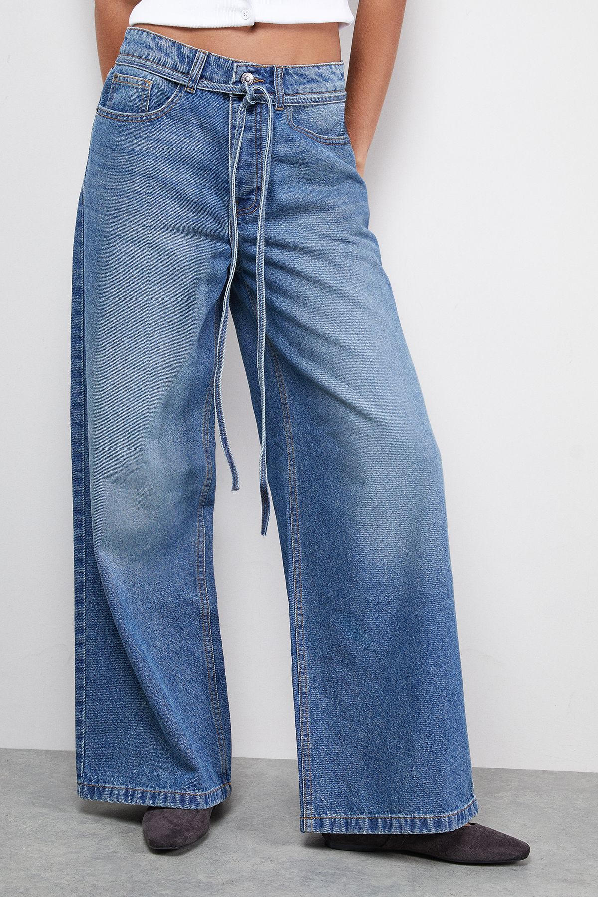 Warehouse Tie Waist Wide Leg Denim Jean Vintage Wash image 1