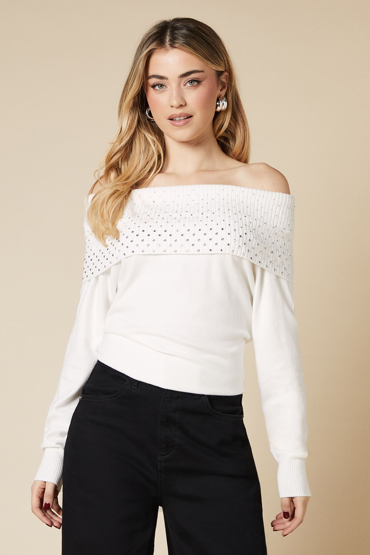 Dorothy Perkins Hot Fix Bardot Jumper Ivory image 1
