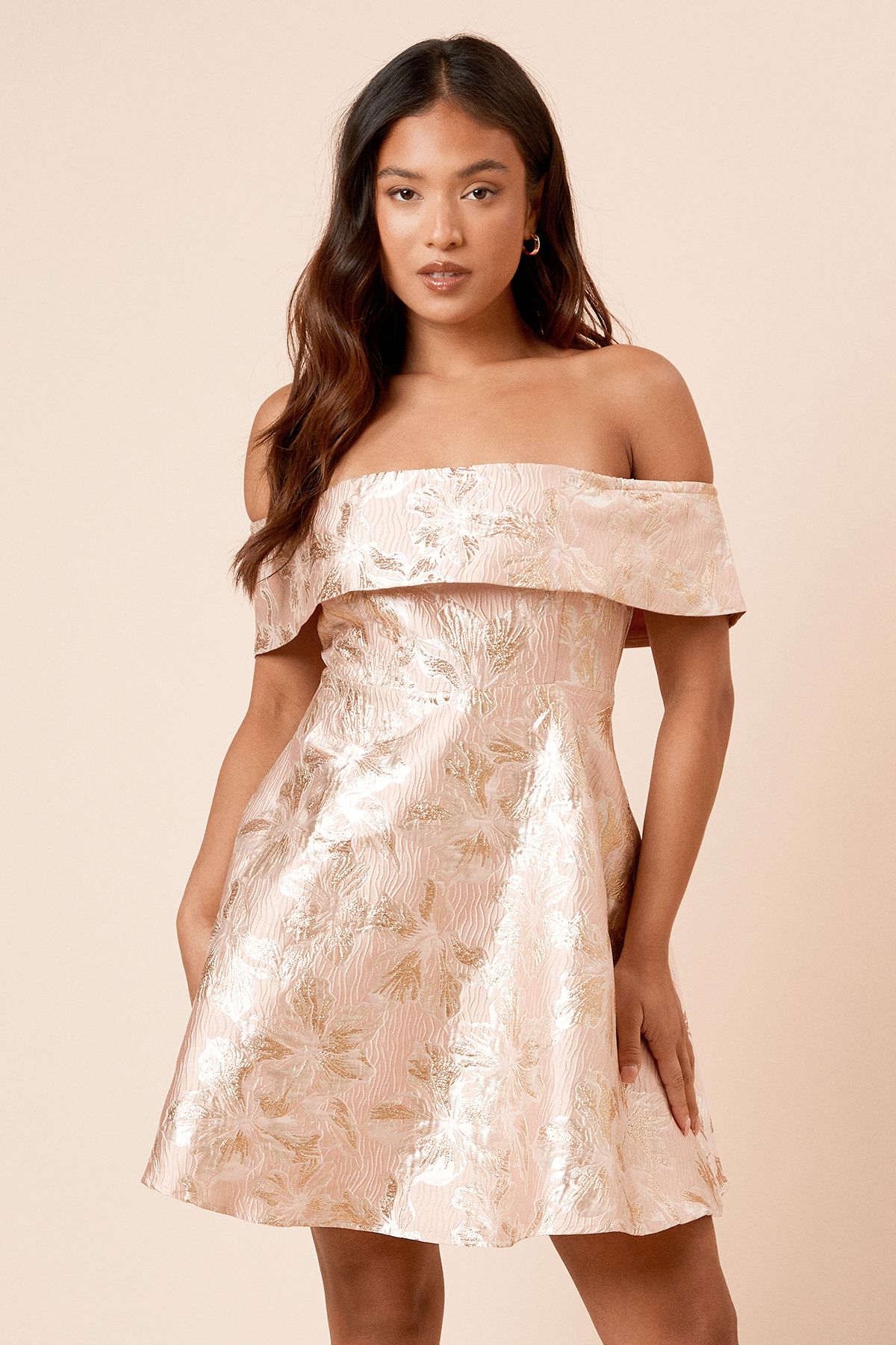 Dorothy Perkins Petite DP Luxe Jacquard Fold Over Bardot Mini Dress Floral image 2