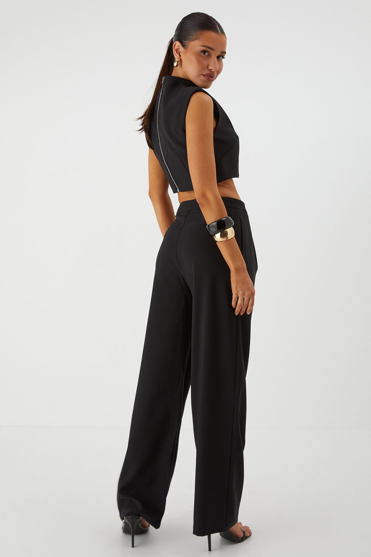MissPap Shoulder Pad Top and Tailored Trouser Co Ord Black image 3