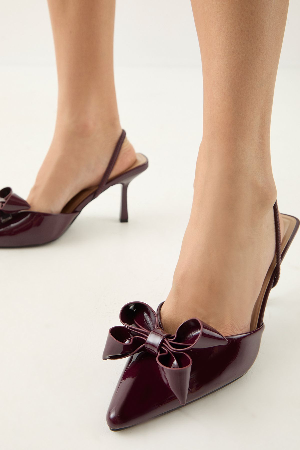 MissPap Faux Patent Leather Bow Detail Sling Back Mid Stiletto Heel Court Shoes Burgundy image 4
