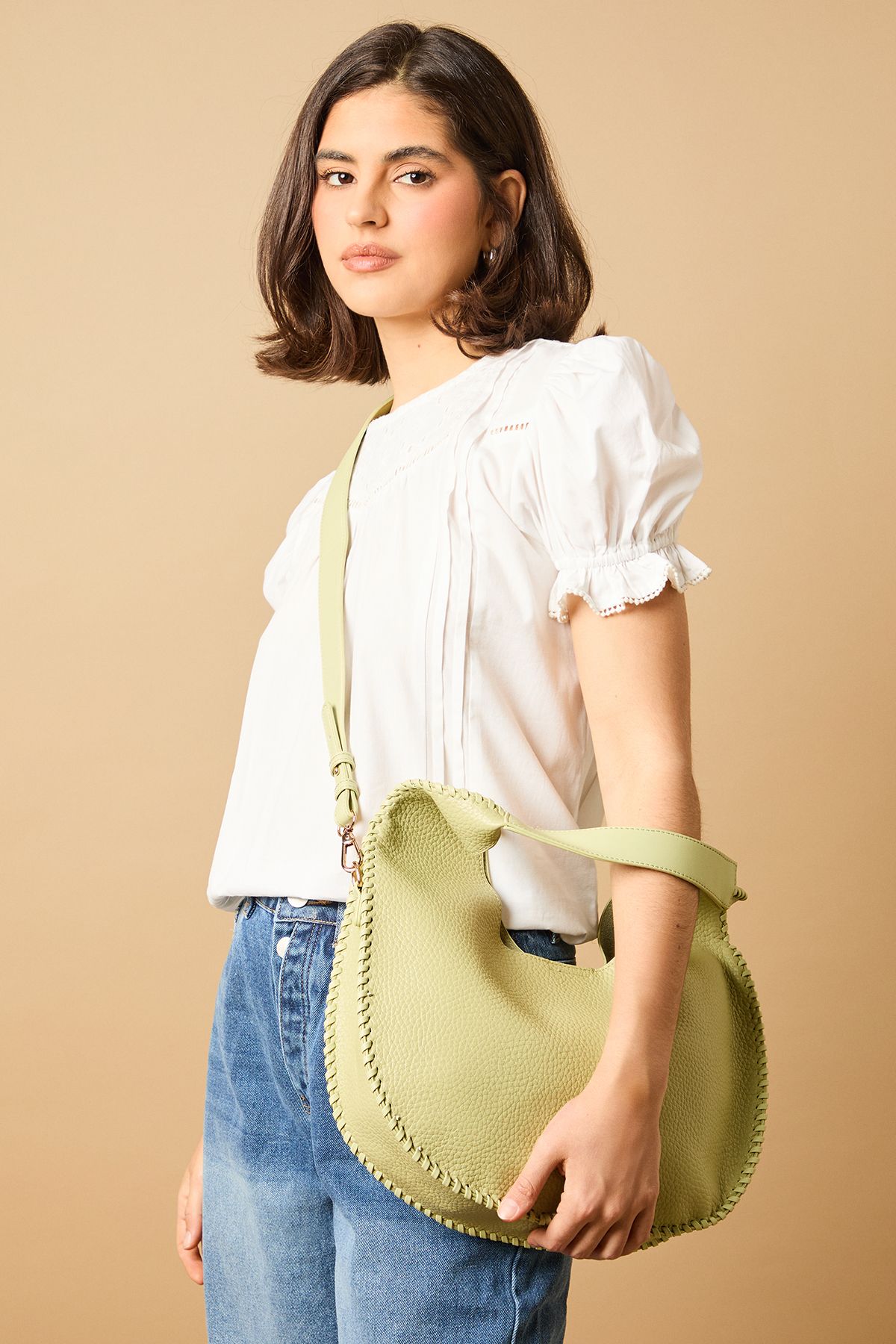 Oasis Faux Leather Whipstitch Detail Slouch Shoulder Bag Green image 1