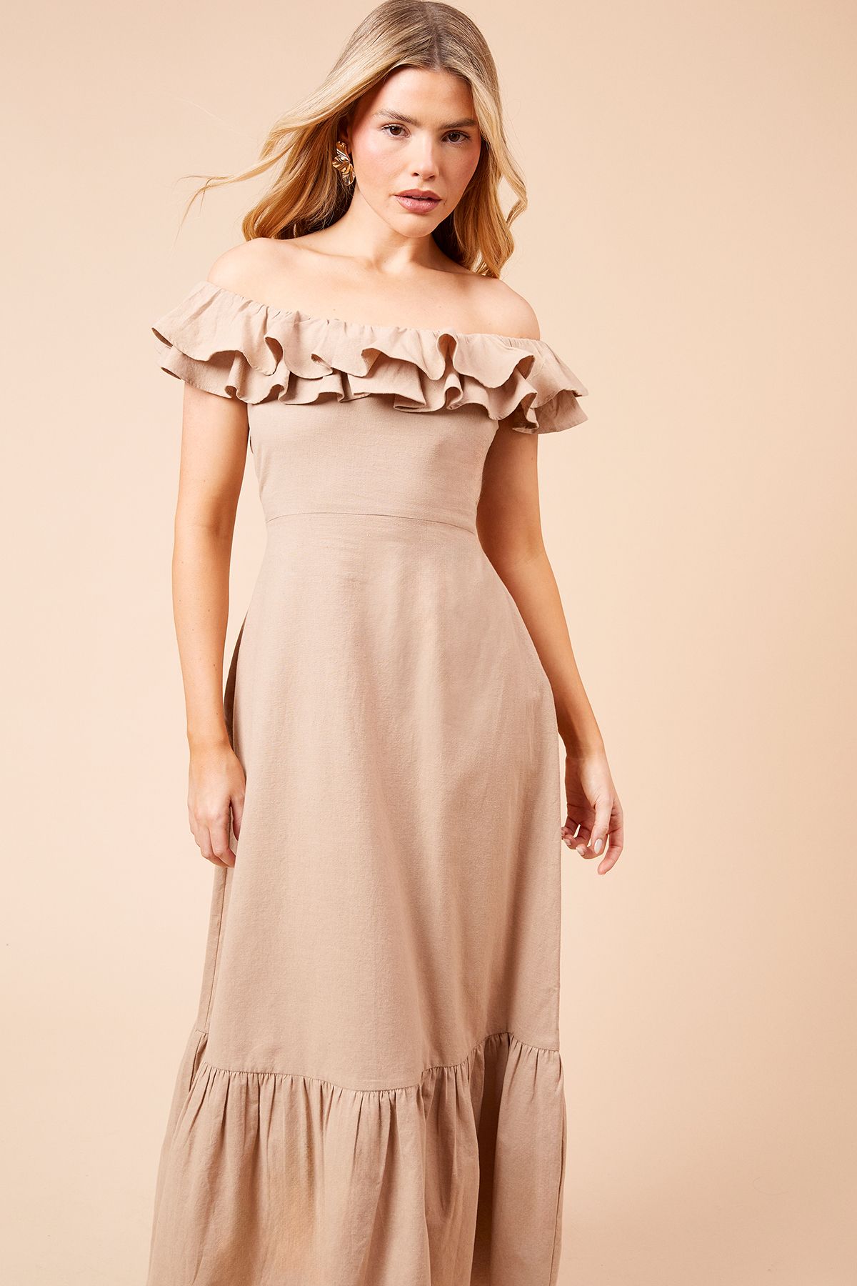 Dorothy Perkins Ruffle Bardot Linen Midi Dress Taupe image 2