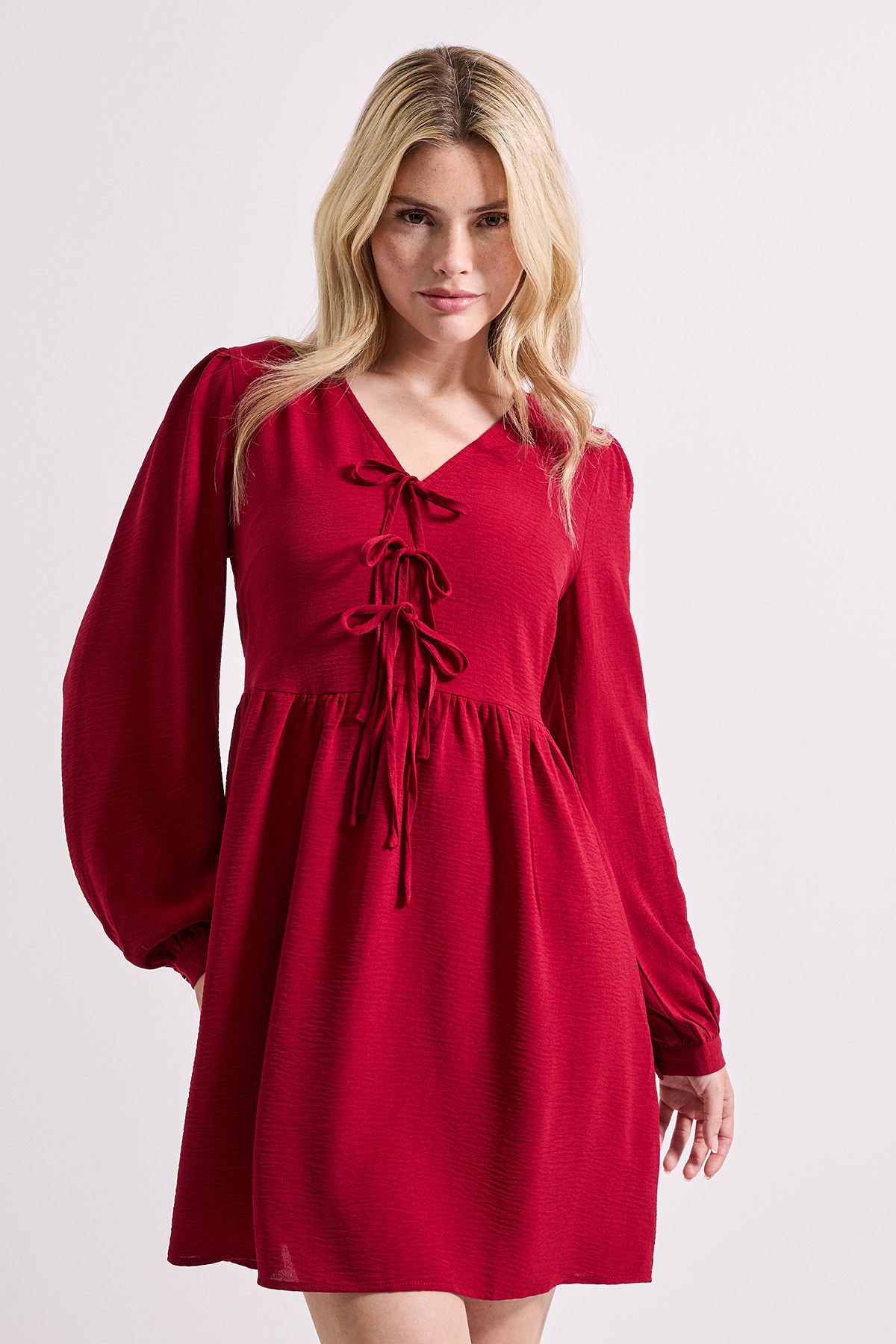 Dorothy Perkins Bow Front Blouson Sleeve Mini Dress Berry