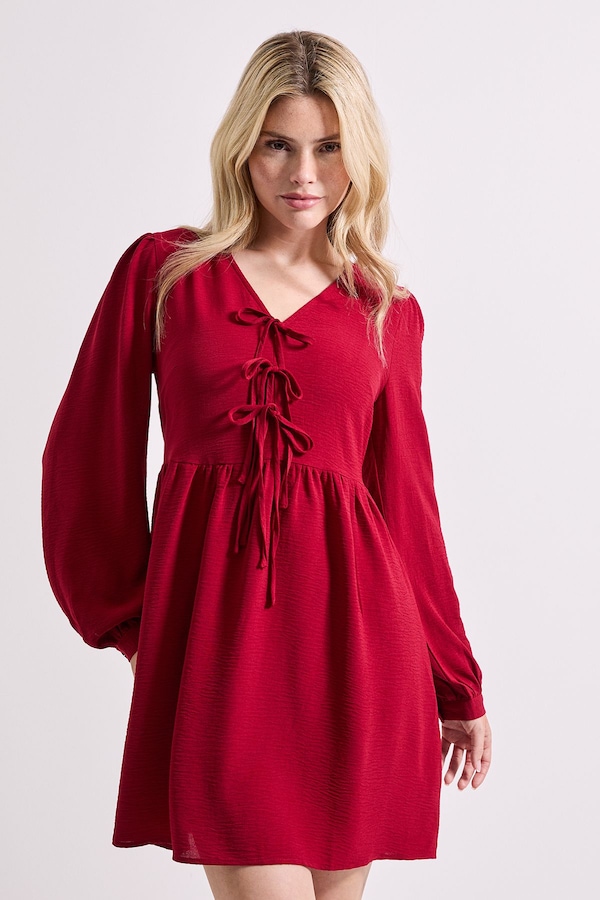 Dorothy Perkins Bow Front Blouson Sleeve Mini Dress Berry