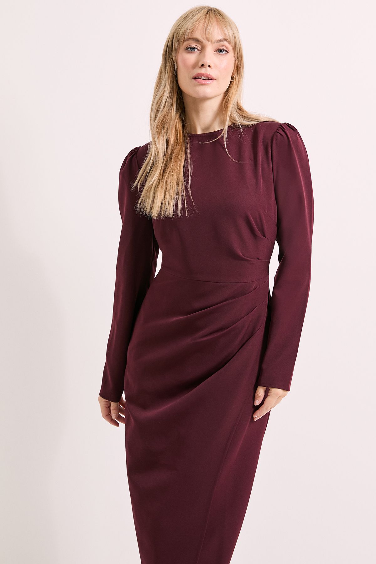 Principles Long Sleeve Wrap Skirt Crepe Midi Dress Burgundy image 2