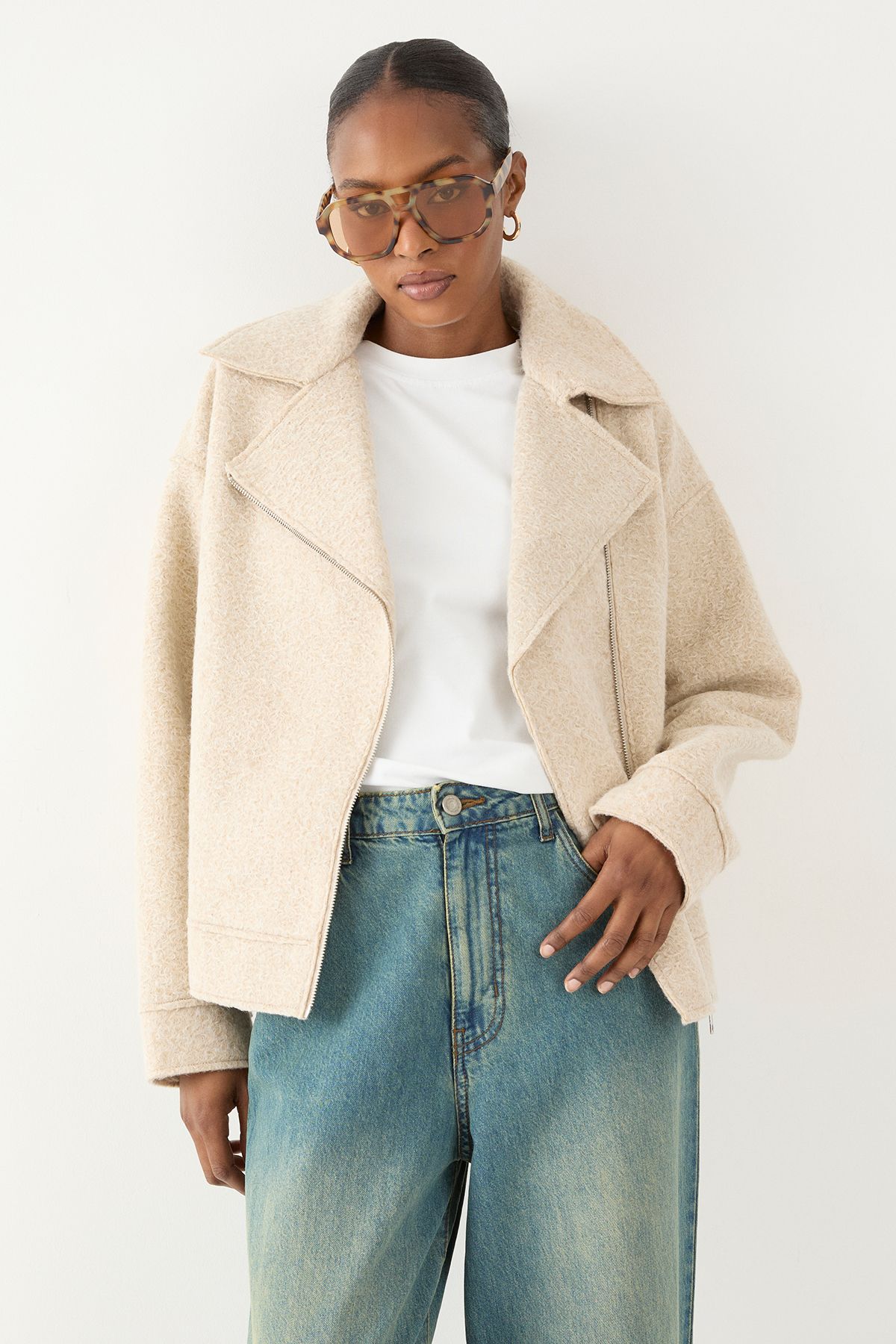 MissPap Wool Look Biker Jacket Cream image 2