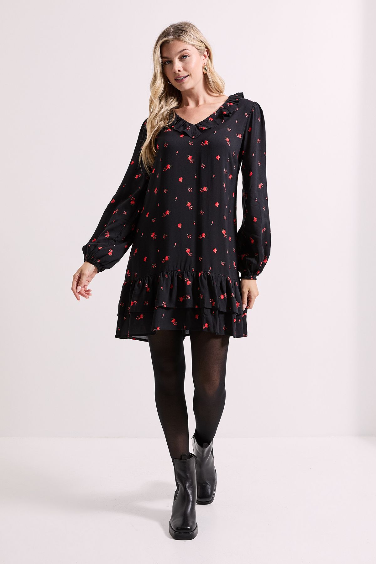 Dorothy Perkins Ditsy Floral Collar Detail Blouson Sleeve Tiered Mini Dress Floral