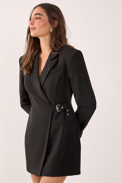 NastyGal Tailored Belted Shoulder Pad Blazer Dress Black
