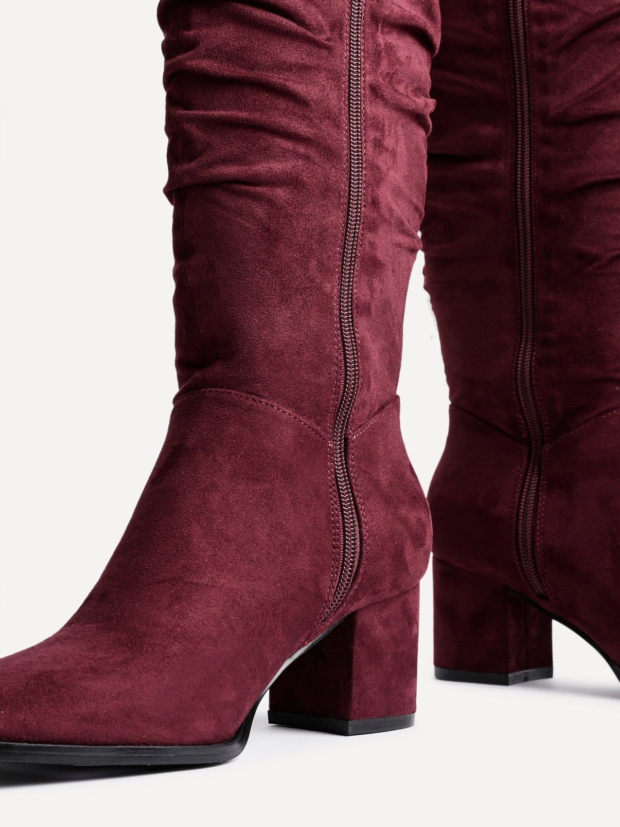 Linzi Margot Burgundy Faux Suede Knee High Block Heeled Ruched Boot image 4