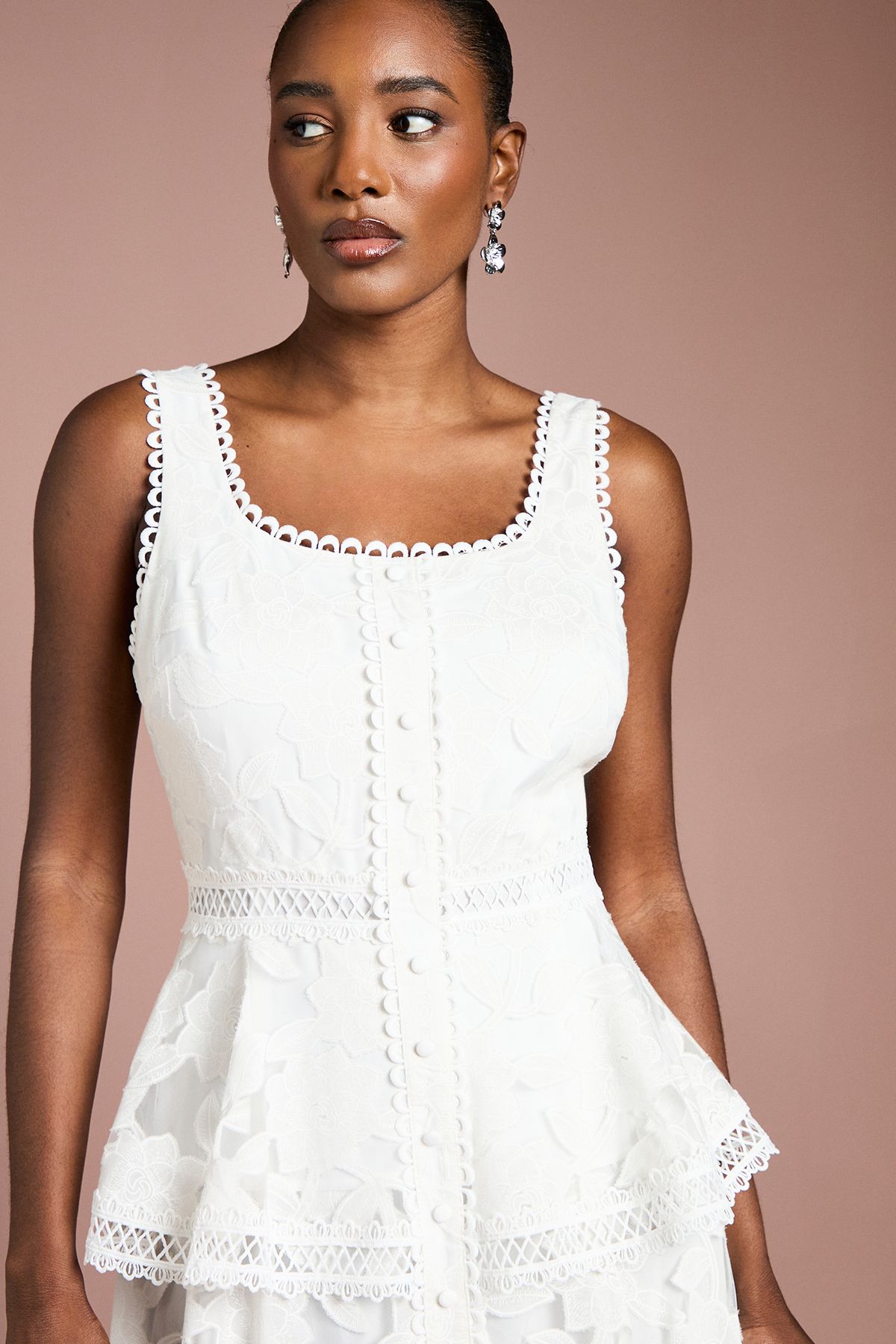 Coast Peplum Hem Button Down Lace Midi Dress Ivory image 4