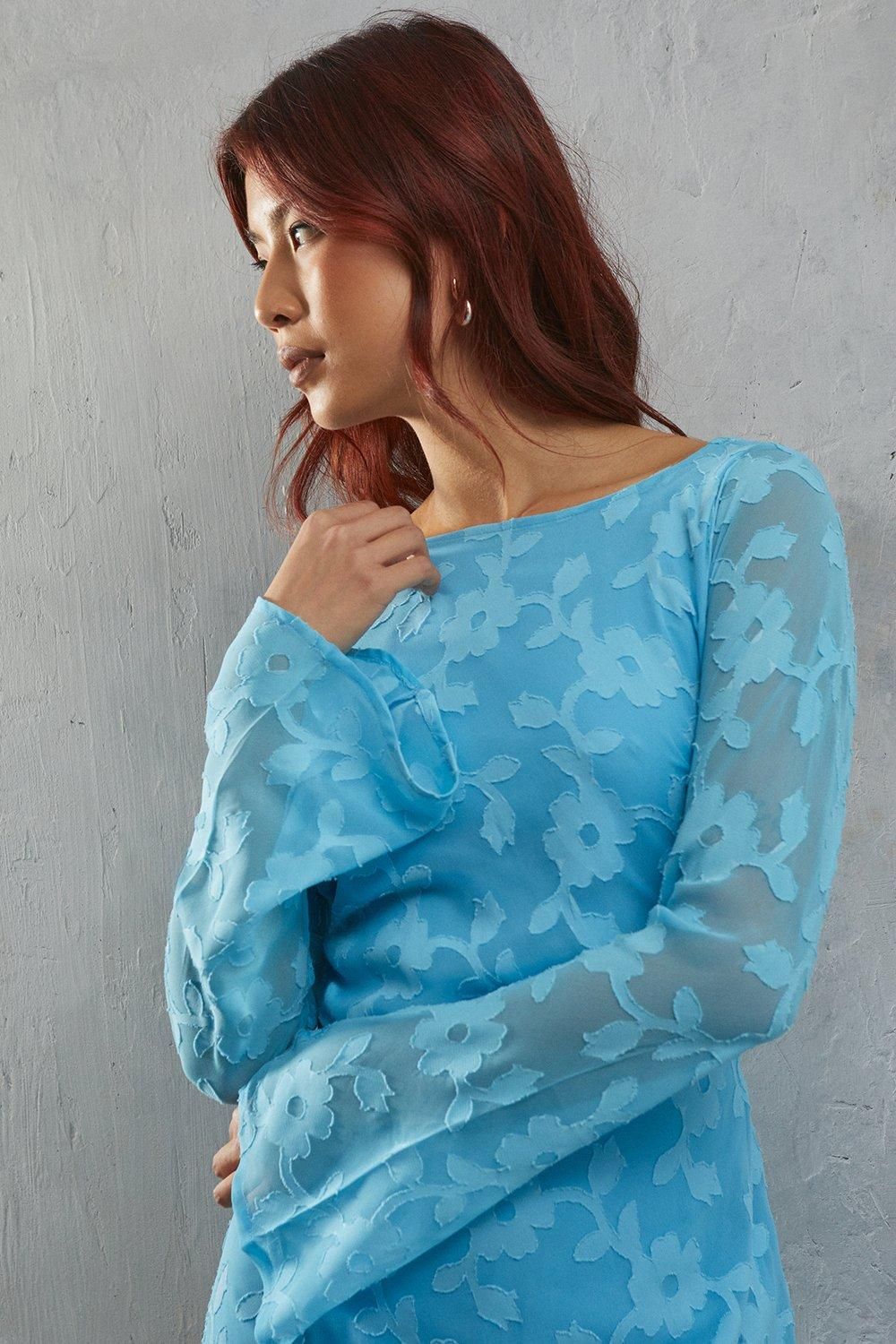 Warehouse Burnout Chiffon Slash Neck Flutter Sleeve Bias Midi Dress Blue image 4