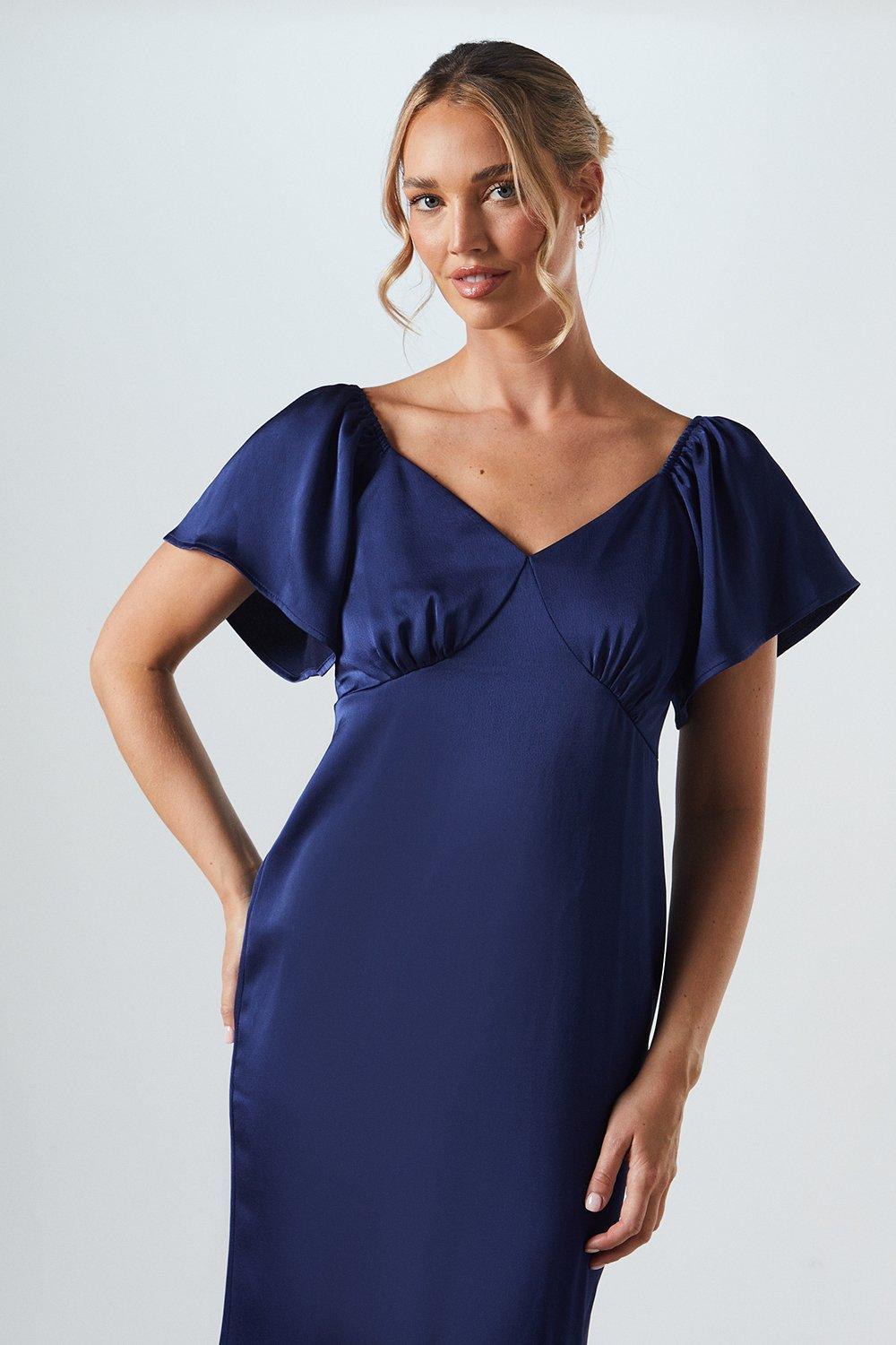 Oasis Angel Sleeve Satin Bridesmaids Midi Dress Navy image 4