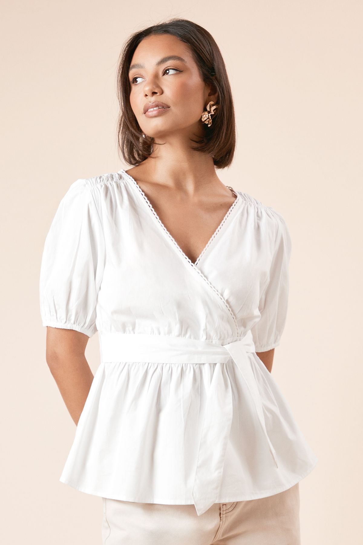 Dorothy Perkins Scallop Trim Wrap Poplin Blouse White image 1