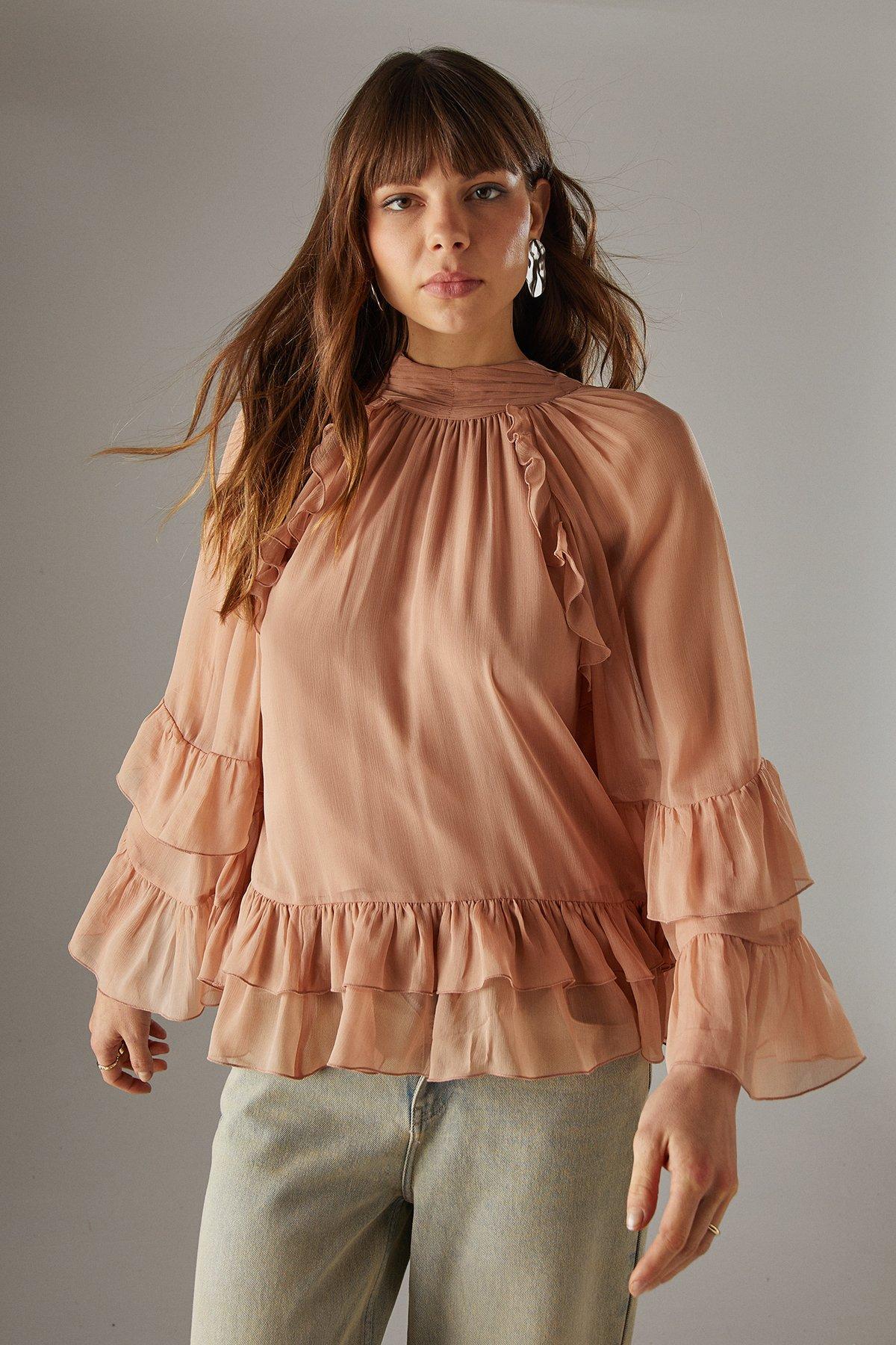 Warehouse Bow Back Ruffle Boho Top With Flared Sleeve Tan