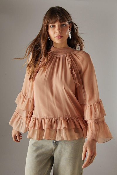Warehouse Bow Back Ruffle Boho Top With Flared Sleeve Tan