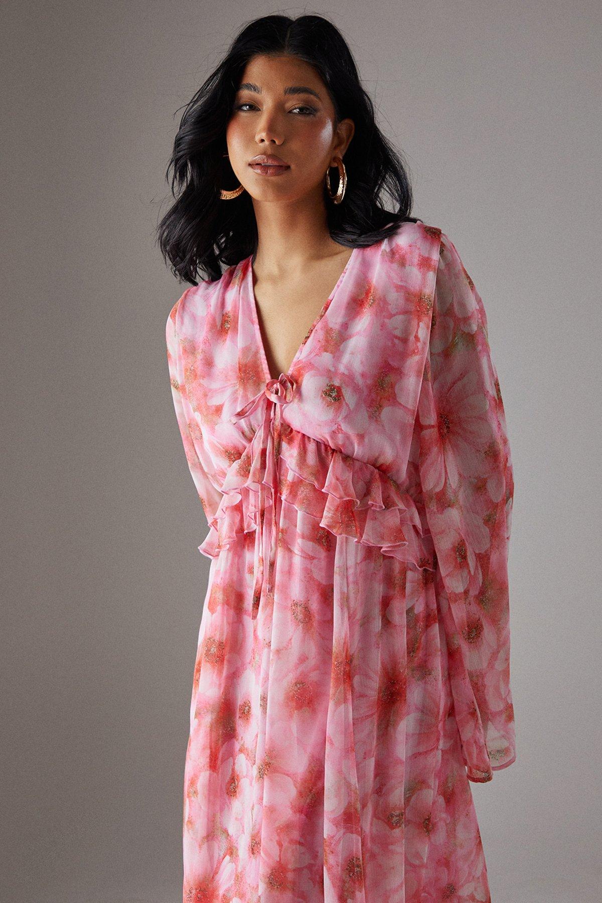 Warehouse Ruffled Plunge Neck Midi Dress Pink image 5