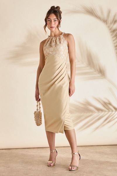 Coast Bead Detail Sequin Midi Holiday Dress Beige