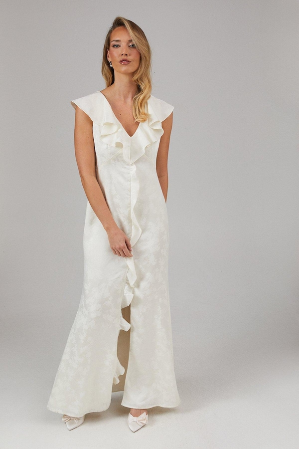 Oasis Satin Jacquard Ruffle V Neck Bridesmaids Dress Champagne