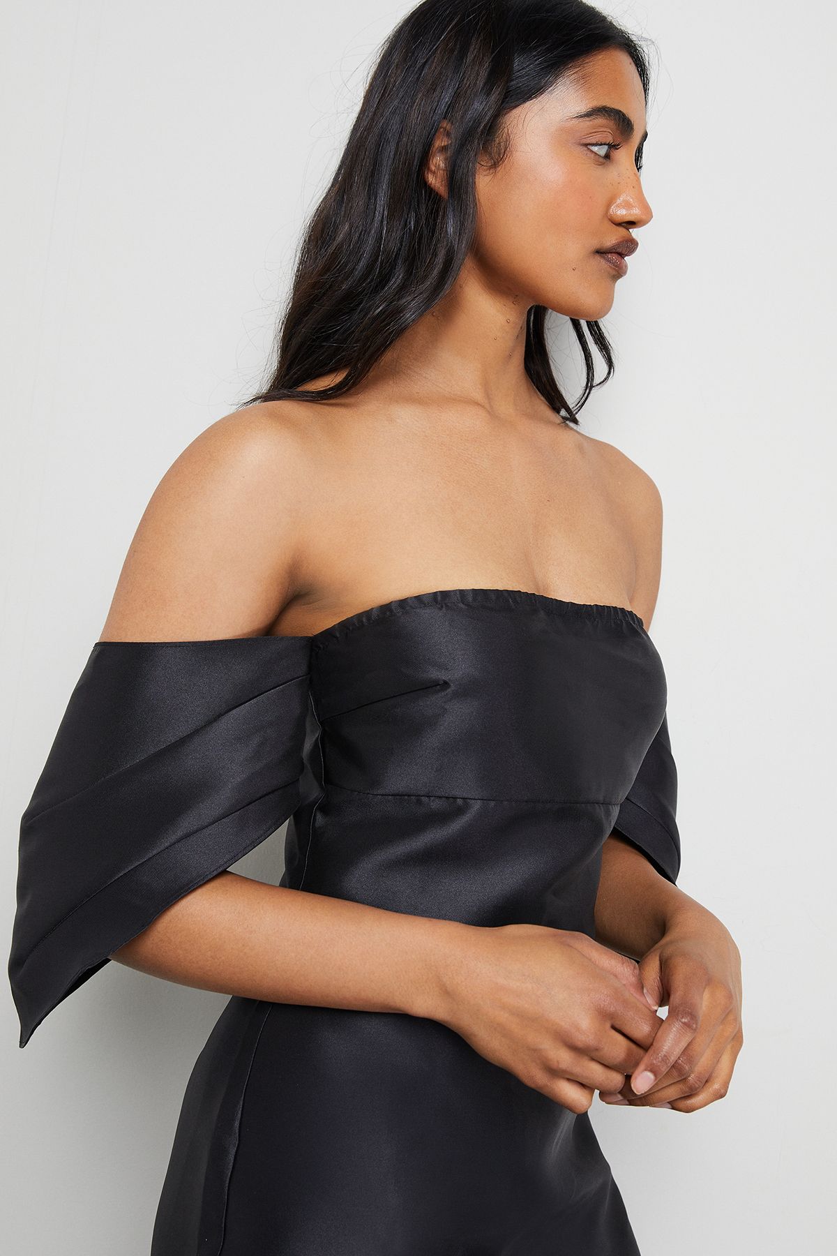 Warehouse Structured Puff Sleeve Bardot Midi Dress Black image 4