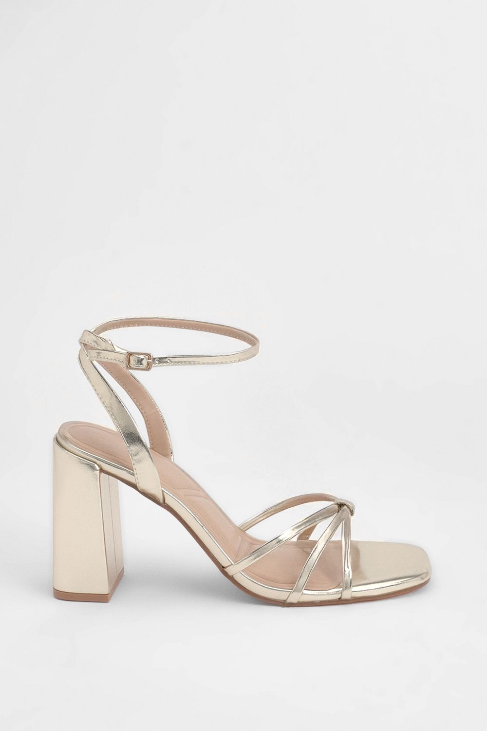 MissPap Gold Metallic Faux Leather Strappy High Block Heeled Sandals Gold