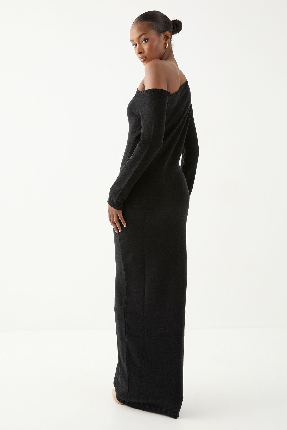 MissPap Knitted Asymmetric Neckline  Midaxi Dress Black image 4