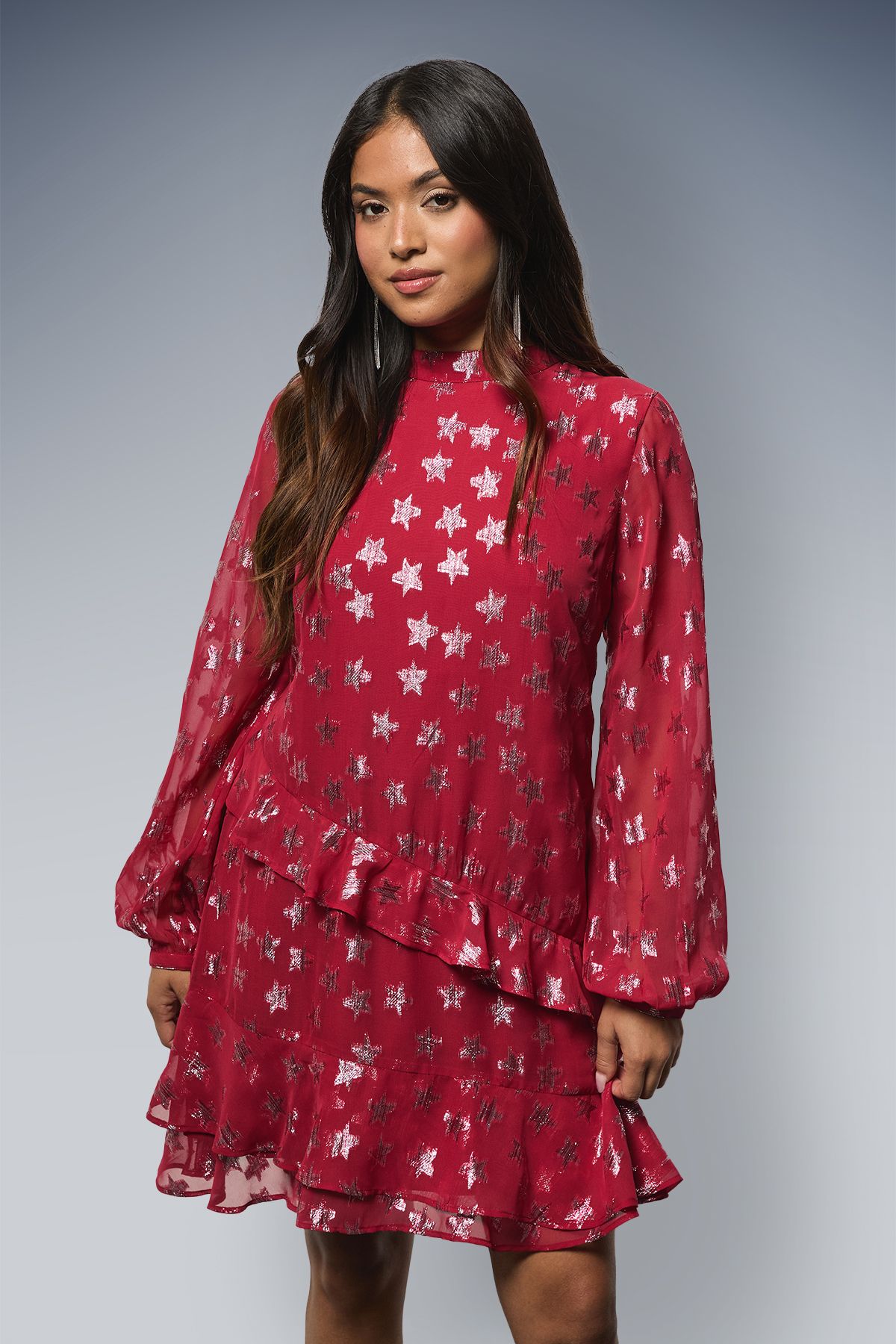 Dorothy Perkins Petite DP Luxe Star Jacquard Ruffle Shift Mini Dress Red image 2