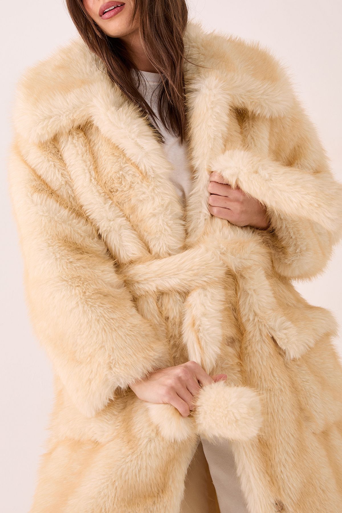 NastyGal Belted Tipped Faux Fur Coat Lemon image 2